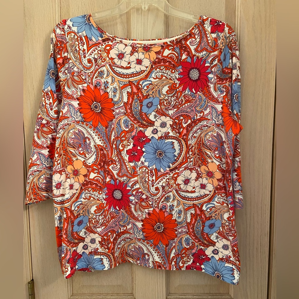 Talbots 2X Floral Red & Blue Paisley 3/4 Sleeve Women's Top